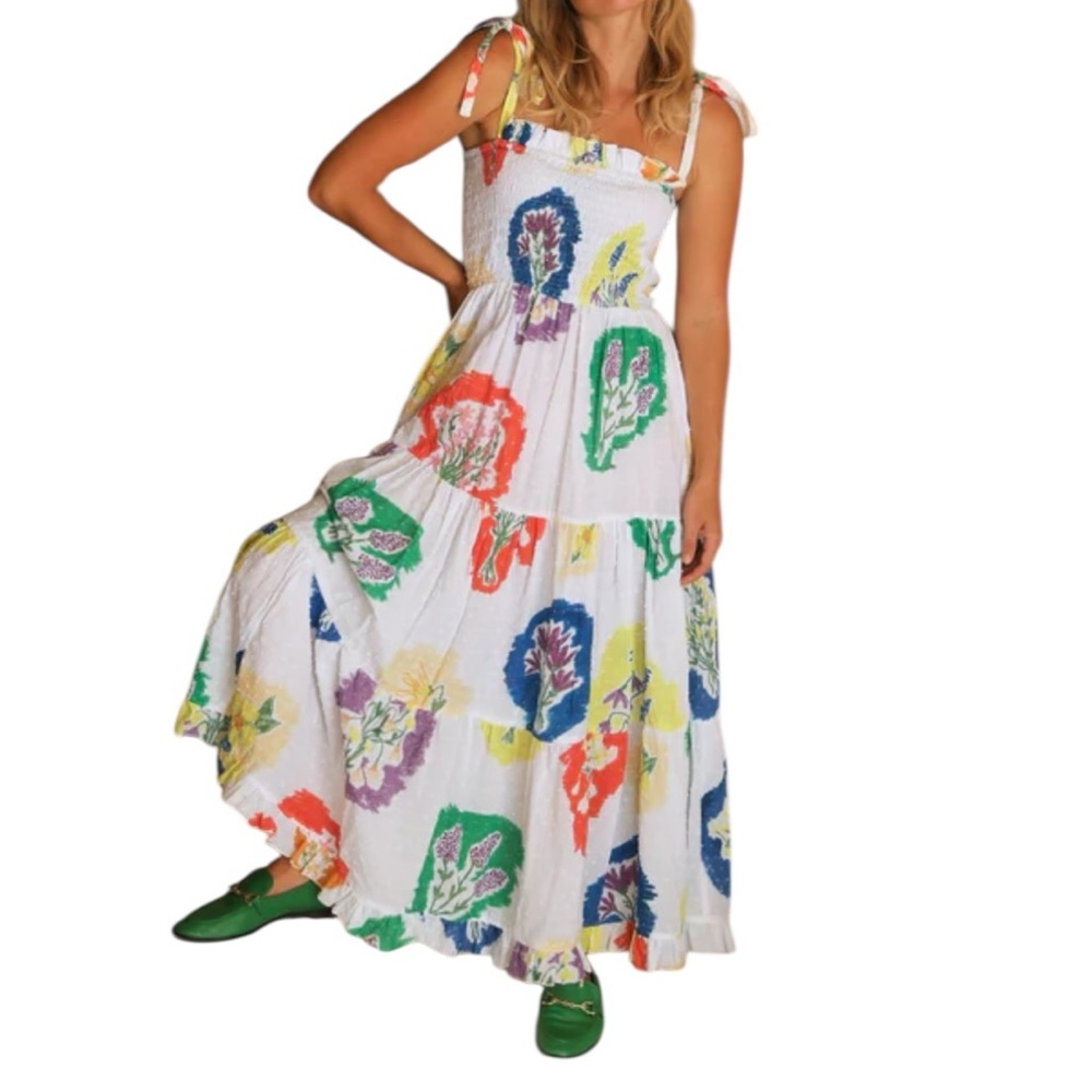 NWT FRANK & DOLLYS Sojourn Colorful Smocked Beach Handmade Maxi Dress Small